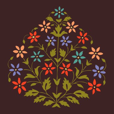 Vector colorful illustration symmetric blooming plant with flowers and leaf on brown