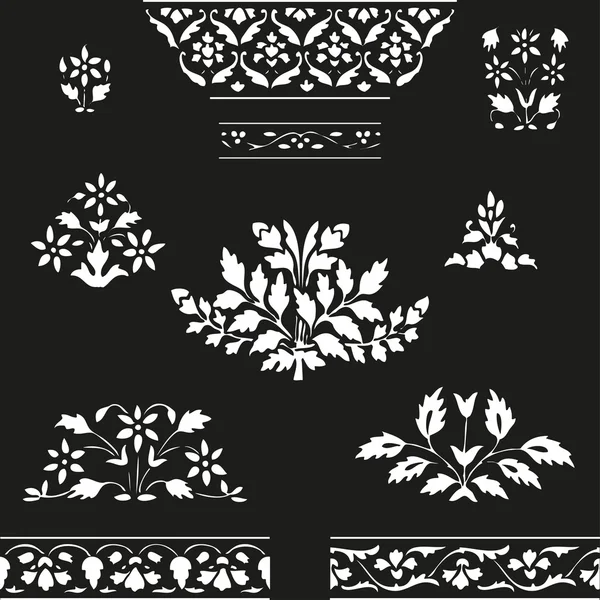 Conjunto de ilustración vectorial floreciente planta y borde floral en negro — Vector de stock