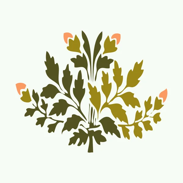 Ilustración vectorial planta de floración simétrica con flores y hojas en blanco — Vector de stock