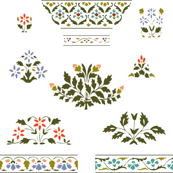 Vector illustration color set blooming plant and border floral on white — Stock Vector