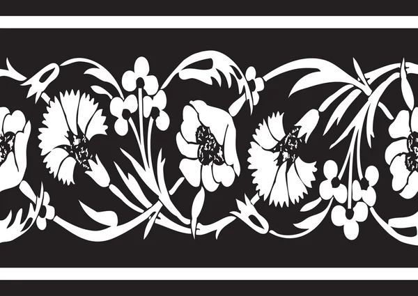 Black and white vintage wildflowers border floral background sea — Stock Vector