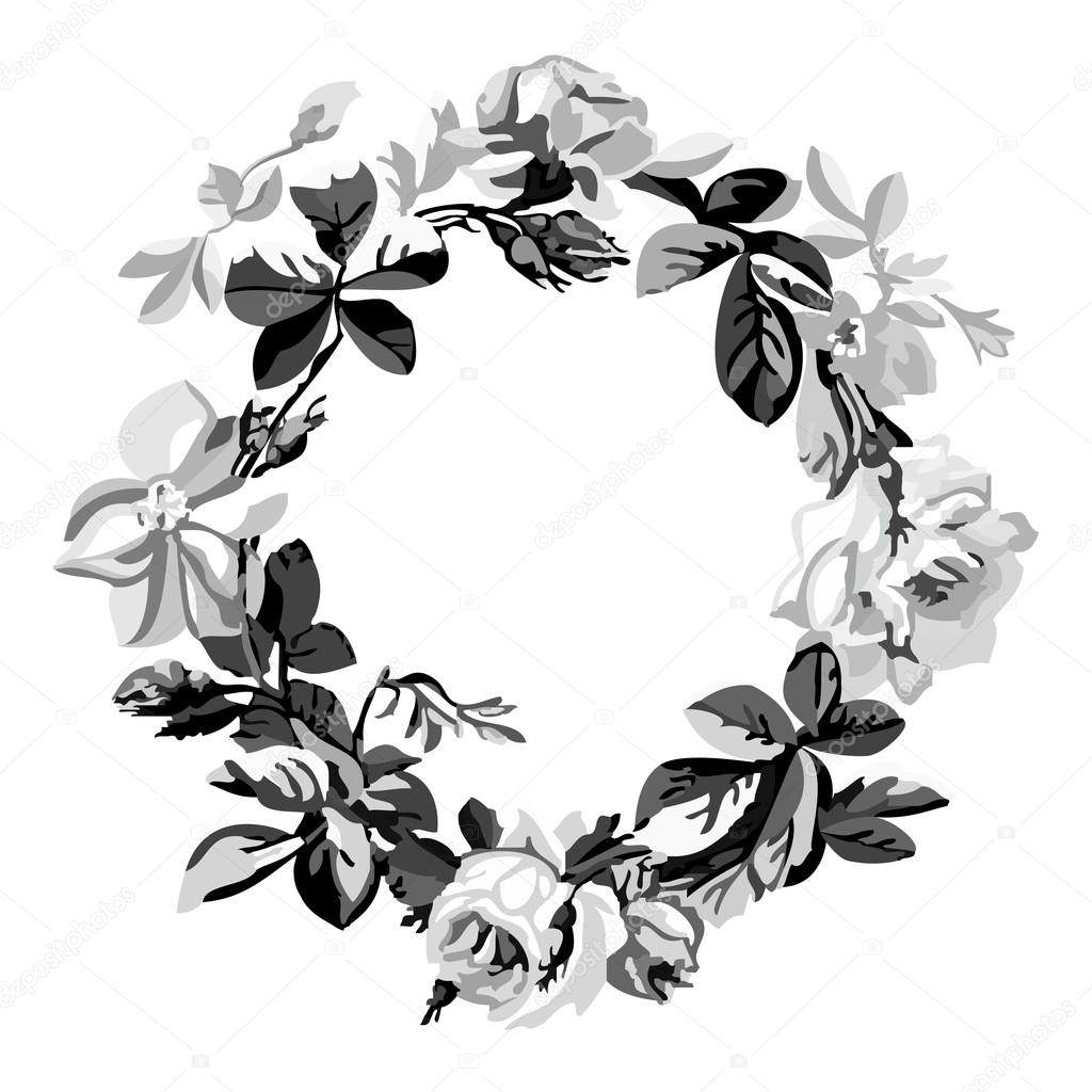 Vector hand drawn sketch floral of wreath with roses