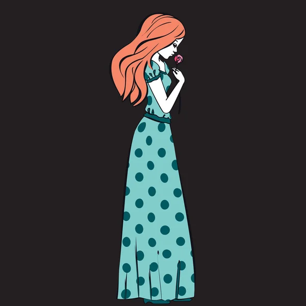 Hand drawn illustration princess girl in polka dot dress vintage — Stock Vector