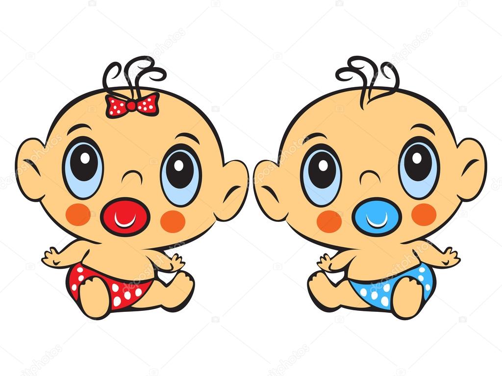 Two Funny baby sitting. Cute baby boy and girl sitting in a diap
