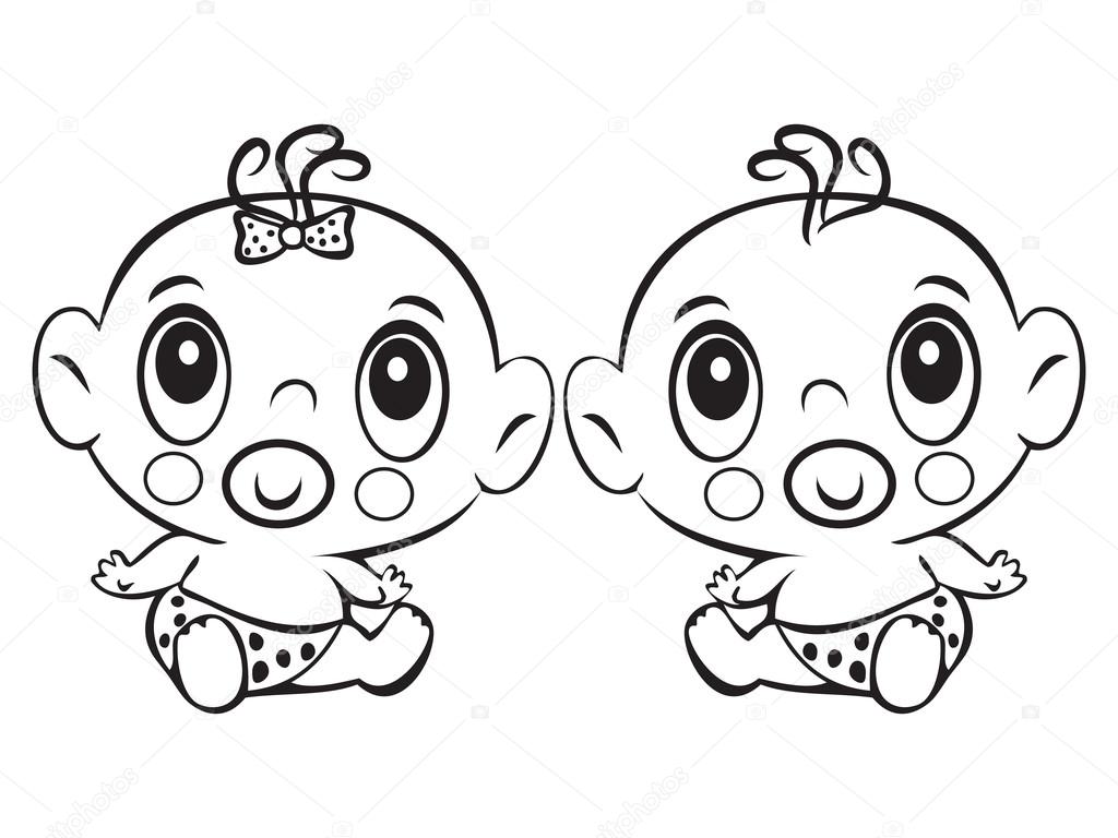 Neonato sveglio e ragazza che si siede in un pannolino isolato per libro da colorare Design libri per bambini — Vettoriali di Cosveta
