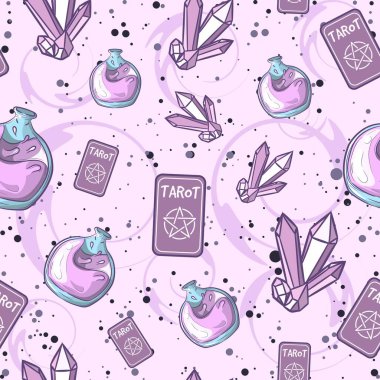 Mor okült kusursuz desen ve farklı büyülü nesneler. Tarot kartları, sıvı şişeleri ve ametistlerle tekrarlanan arka plan.