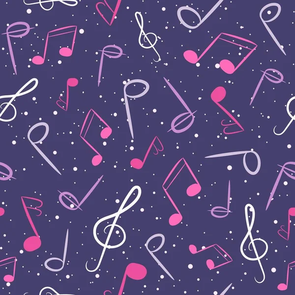 粉色和紫色音乐无缝图案 带有音乐笔记和圆点的有趣的重复背景 — 图库矢量图片