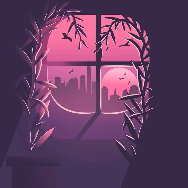 Плоска Ілюстрація Сучасною Квартирою Центрі Міста Рожево Фіолетовий Фон Заходом — стоковий вектор