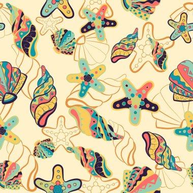 Denizyıldızı, istiridye, istiridye ve kabuklu kusursuz desen. Deniz canlıları ve okyanus yaşamının tekrarlanan bir geçmişi var. Omurgasızlar ve resifler denizin altında.