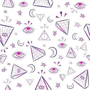 Esrarengiz illuminati sembolleri olan kademeli, pürüzsüz desen. Üçgenleri, gözleri, ayı ve yıldızları olan tekrarlanan büyücülük ve komplo geçmişi..