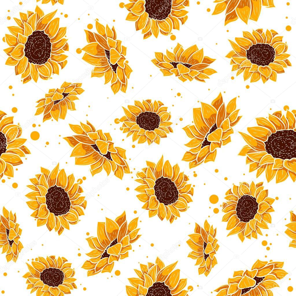 Yellow seamless pattern with tropical summer flowers. Floral repetitive background with spring floral elements. Vector wallpaper with sunflower and daisy plants in bloom.