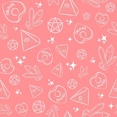 Cadı nesneleriyle kusursuz pembe okült desen. İlluminati piramitleri, kristalleri, ouija planketleri ve pentagramları ile tekrarlanan Yeni Çağ geçmişi. Cadılık ve esrarengiz ayin duvar kâğıdı.