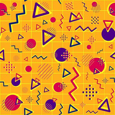 Morumsu ve morumsu şekilli geometrik dikişsiz desen. Tekrarlanan psikedelik ve tuhaf arka plan daireler, üçgenler ve zikzak çizgileri. Web siteleri için yaratıcı iş duvar kağıdı.