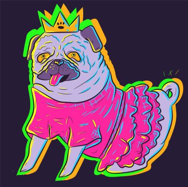 Cute neon pug in a pink tutu dress wearing a crown. Vector art of an animal in a costume under UV glowing lights. Small adorable dog sitting and showing its tongue vector