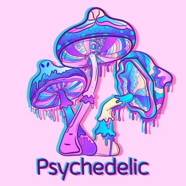 Vector art of three psychedelic mushrooms with gradients and UV neon light effects. New age concept of magic and surreal fungus. Hallucinogen plants with cosmic galaxy colors.