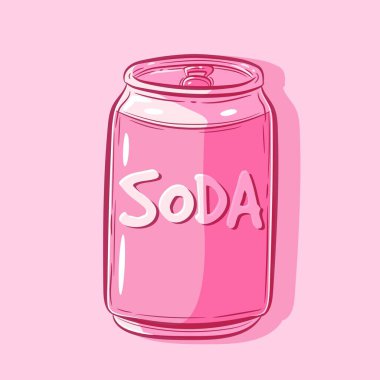 Basit bir kawaii soda kutusunun vektör sanatı. Alüminyum bir kapta pembe taze bir içeceğin izole edilmiş nesnesi.. 