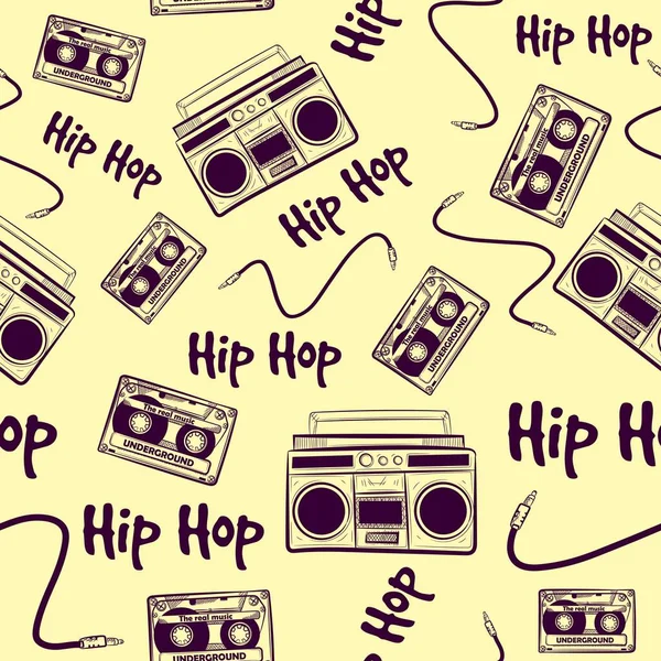 Eski müzik hip hop elementleriyle klasik, dikişsiz bir model. Müzik kutuları, kasetler ve kablolarla sürekli arka planda. 90 'lardan ve 80' lerden kalma hiphop cihazlı nostaljik retro sanat.