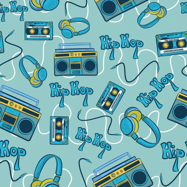 Kayıt Cihazları Kasetler Kulaklıklar Kablolarla Mavi Hiphop Deseni Hip Hop — Stok Vektör