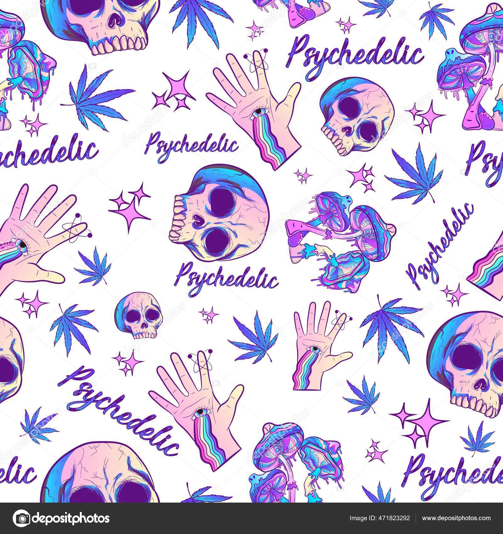 トリッピーな鮮やかな色と神秘的なマゾニックな要素を持つパープルのサイケデリックなシームレスなパターン キノコ マリファナ 人間の頭蓋骨と繰り返しの背景  ストックベクター ©Adrielle-art 471823292, image size:1600x1700