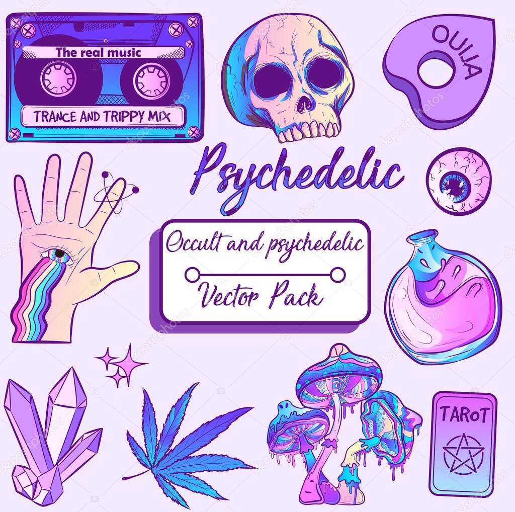 Psychedelic and occult witchy pack with witchcraft and trippy elements with purple galaxy gradient. Spiritual and millennial collection with isolated vectors. Purple fantasy objects for Halloween.