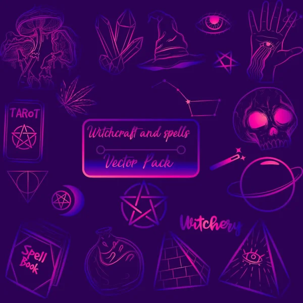 用巫术和万圣节物品收集神秘的咒语 关于黑色魔法的紫色深奥而邪恶的符号和草图 带有迷幻的孤立载体的命运告诉我们的炼金术包 — 图库矢量图片