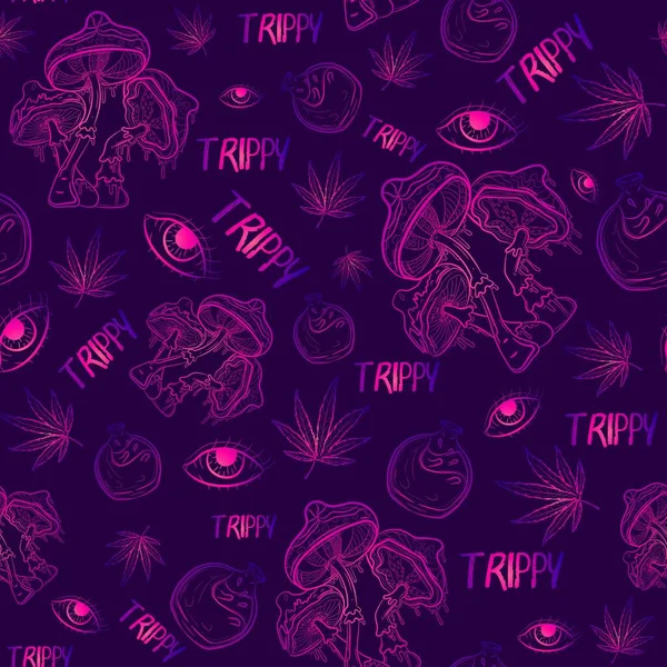 紫色迷幻无缝图案 带有梯度神秘元素 麻醉重复背景与蘑菇 大麻和其他咒语物体 轻浮而机智的质感 — 图库矢量图片