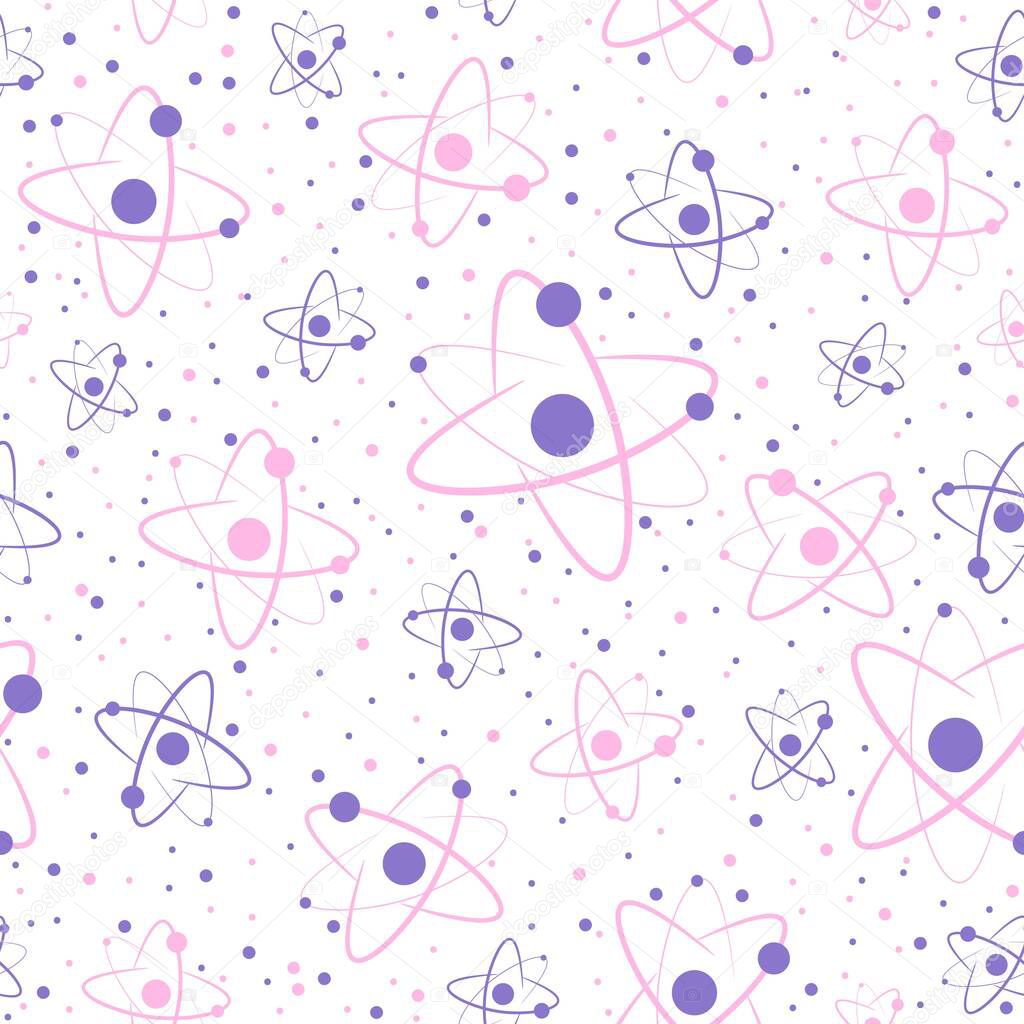 Pink and purple seamless pattern with chemical elements. Repeat background with atoms, protons and neutrons. Energy and molecular cells texture about knowledge and science. 