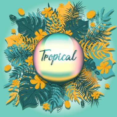 Egzotik ve tropikal bitki örtülü basit bir yaz Hawaii Aloha tebrik kartı. İş ilanı ya da dev palmiye yaprakları, sarı amber çiçeği ve ağaçlı bir şablon. Poster ya da broşür Cennet afişi.