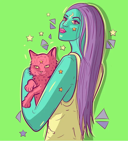 Alien Funky Wanita Dengan Kulit Hijau Memegang Kucing Merah Muda - Stok Vektor