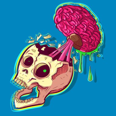Kafasında pembe bir beyin olan ve eriyen bir insan zombi kafatası. Hip hop duvar resimleri ve cadılar bayramı grafitisinden esinlenilmiş dövmeler. Çatlak kafatası ile modern neon arkaplan.