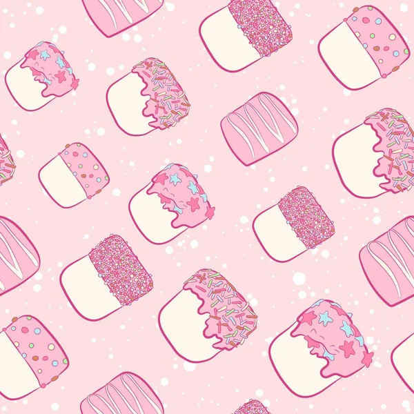 白マシュマロ ピンクの霜降り カラフルなスプリンクルでカワイイシームレスなパターン 印刷され 子供や赤ちゃんのためのお菓子で背景を繰り返します 柔らかくふわふわのお菓子の食感 — ストックベクタ
