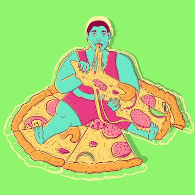 Illustration of a hungry and obese man sitting on top of a pizza with pepperoni, mushroom and cheese. Fat overweight and lazy person eating junk food. Sedentary lifestyle and unhealthy habits.