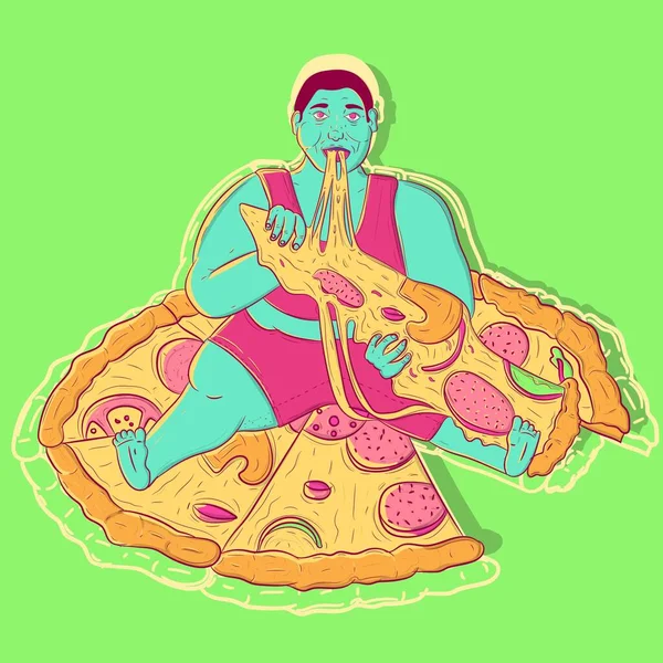 Illustration Hungry Obese Man Sitting Top Pizza Pepperoni Mushroom Cheese — Stok Vektör