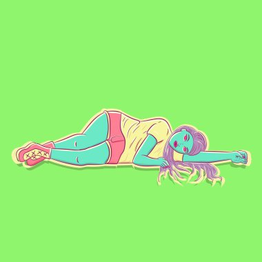 Conceptual art of the sloth sin. Sluggish and apathetic woman full of boredoom laying on the ground. Colorful vector illustration of a female from the catholic bible stories. clipart