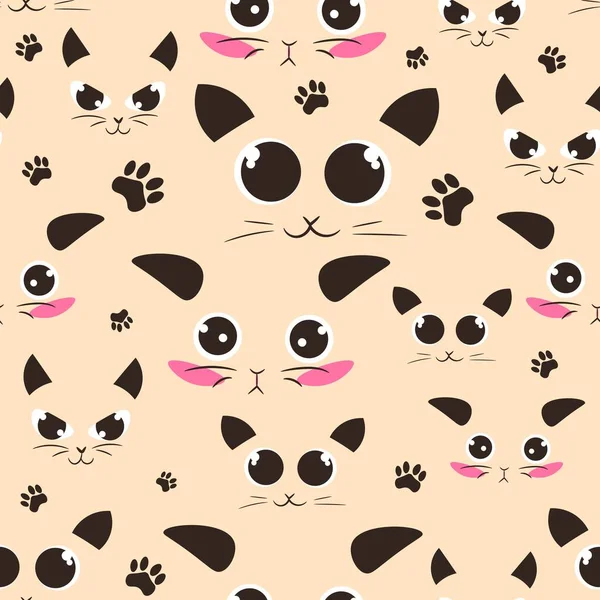 Kawaii Seamless Pattern Cat Heads Different Expressions Repeat Background Domestic — Stock Vector