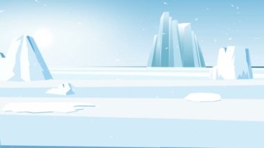 İklim değişikliği / küresel ısınma / kutup sahnesi. Sıcaklık yükselir, buzullar patlar, buzlar erir. 2d bilgi animasyonu, 4K, 60fps. 