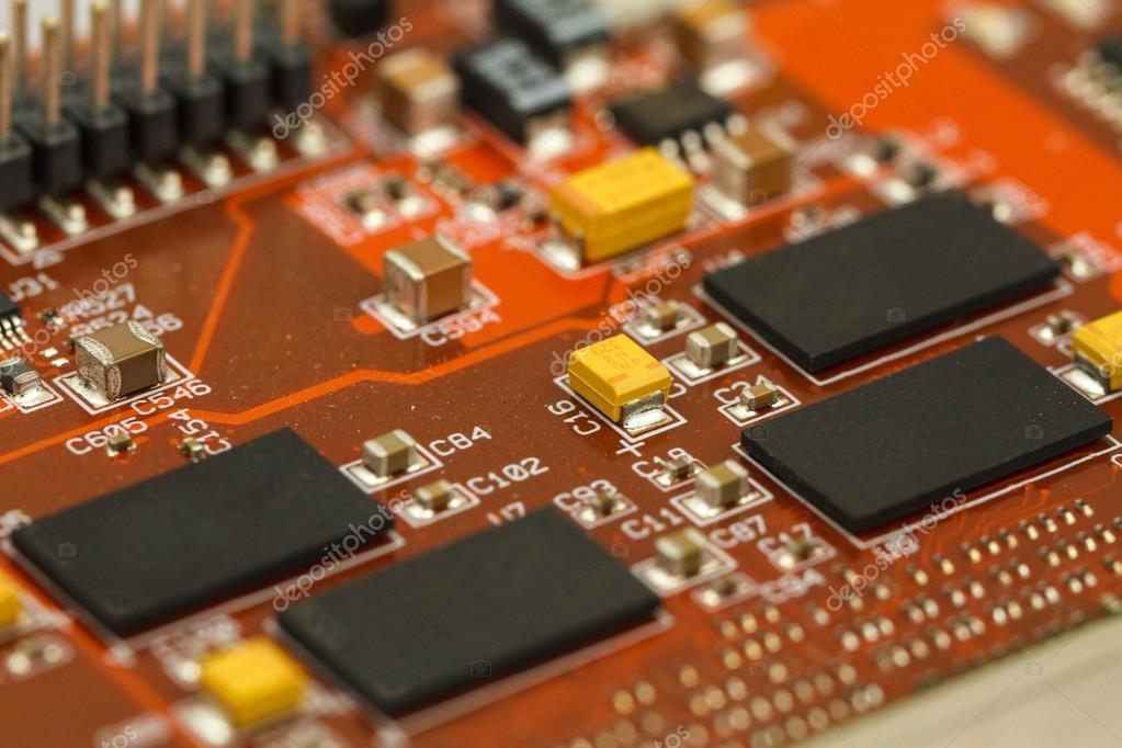 printed circuit board with ics, chip capacitors, tantalum resistors printed circuit board with ics, chip