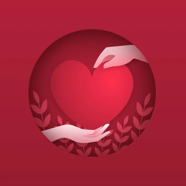 愛の概念 赤の背景に赤の心を持つ創造的な2つの手 紙のカットスタイル — ストックベクタ