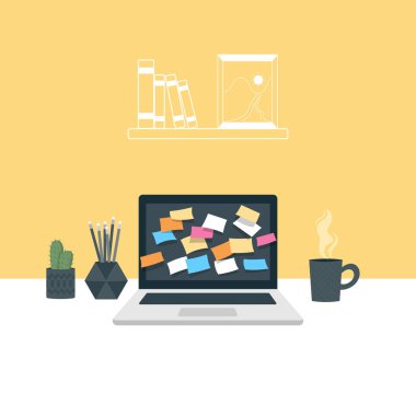 Siyah ekranda renkli yapışkan notları olan dizüstü bilgisayar, çalışma konsepti olarak planlandı. Düz vektör illüstrasyonu.