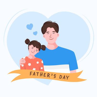 Babalar Günü kutlamasında kızını kucaklayan mutlu bir baba. Düz karakter vektör illüstrasyonu.