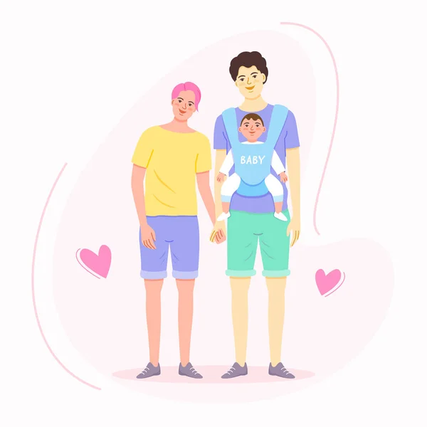 LGBTQ + çift ailesi. Bebek ve düz çizgi film tarzında sevimli homoseksüellerin taşıyıcısı.