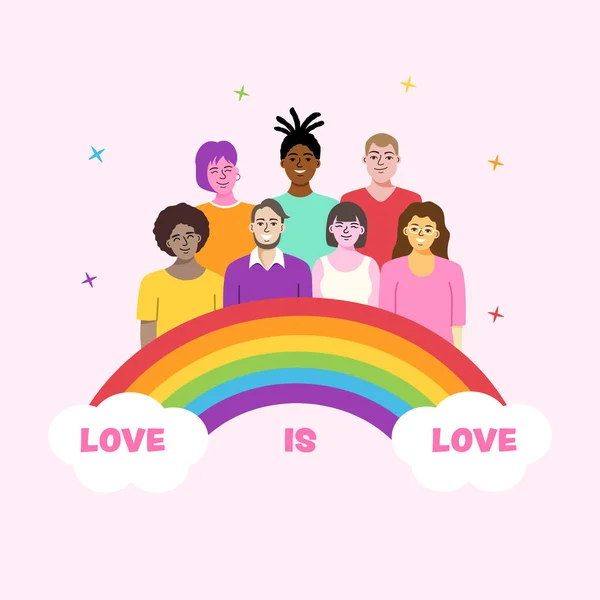 LGBTQ + topluluğu. LGBTQ + gökkuşağı, düz vektör illüstrasyonlu mutlu gençler.