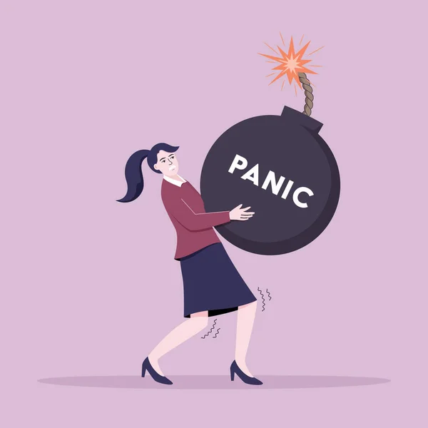 Young woman carrying a panic bomb with a distressed expression