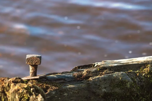 Rostiger Metallnagel in einem alten Haufen auf dem Hintergrund des Wassers. — Stockfoto