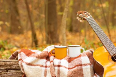 Sonbahar ormanlarında kupalar ve ekose gitar, sonbahar konsepti, metin için yer