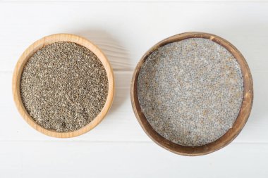 Chia tohumu sütle, chia pudingi hazır ve hindistan cevizi kasesinde pişmemiş.