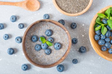Taze ahududu, yabanmersini, hindistan cevizi gevreği ve chia tohumlu meyve suyu kasesi. Gri taş arka plan. Üst görünüm.