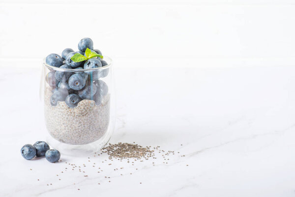 Pudding with chia seeds, granola and fresh blueberry in glass jar. chia pudding with blueberries in a glass