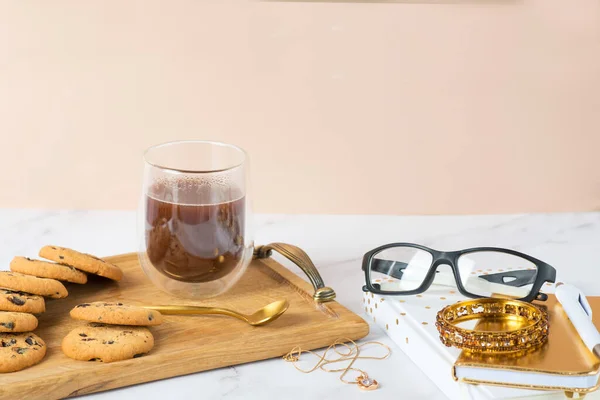 Tray Coffee Diary Cozy Breakfast Cup Coffee Cotton Flower Macaroon — Stock Photo, Image