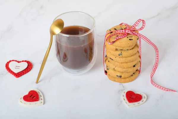 Kekse Mit Schokotropfen Zum Valentinstag Horizontales Foto Draufsicht Valentinstag — Stockfoto